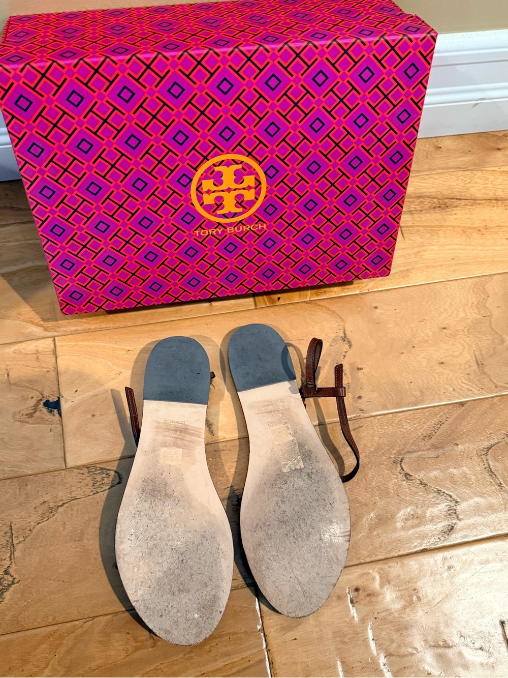 Tory Burch Patos Brown Leather Sandals with Gold Logo Medallions - Picture 2 of 3
